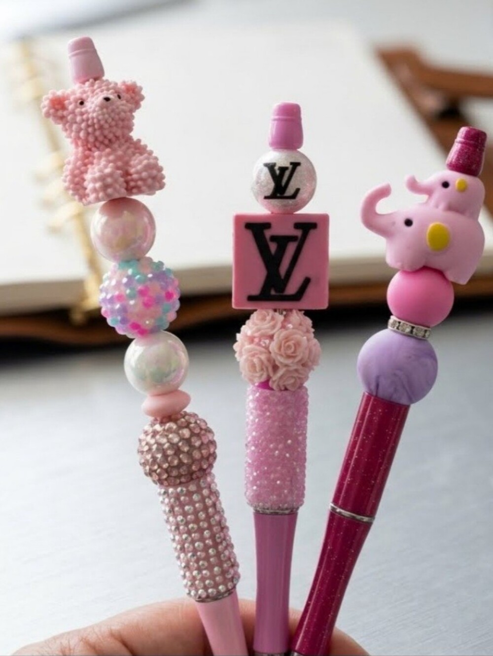 Set of 3 Pastel Pink Bear-Themed Beadable Pens – Handmade.